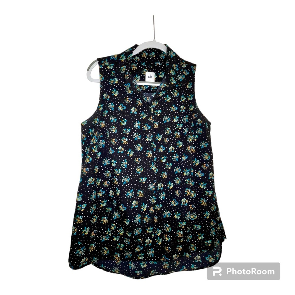 Cabi Whimsy Blouse Style #3440 ditsy print on black collared sleeveless size M